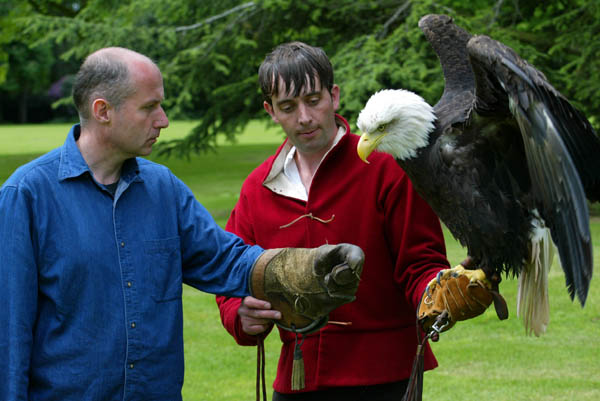 Paul, a guest and Sidney, Bald Eagle on a Warwick Castle Birds of Prey Experience